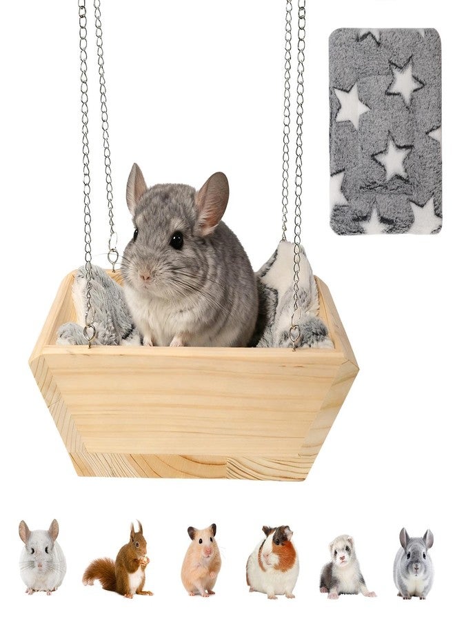 Hollima Large Wooden Hanging Bed with Soft Plush Mat for Chinchilla, Hammock for Rat Cage, Guinea Pig Ferret Swing, Small Animal Cage Accessories Resting Nest - Image 1